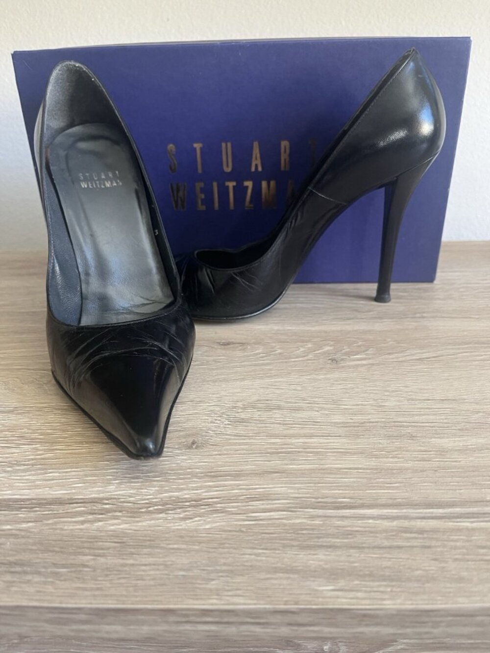 Stuart Weitzman Fever Black Kid Pointy Pumps Leather Heels Stiletto Shoes size 7